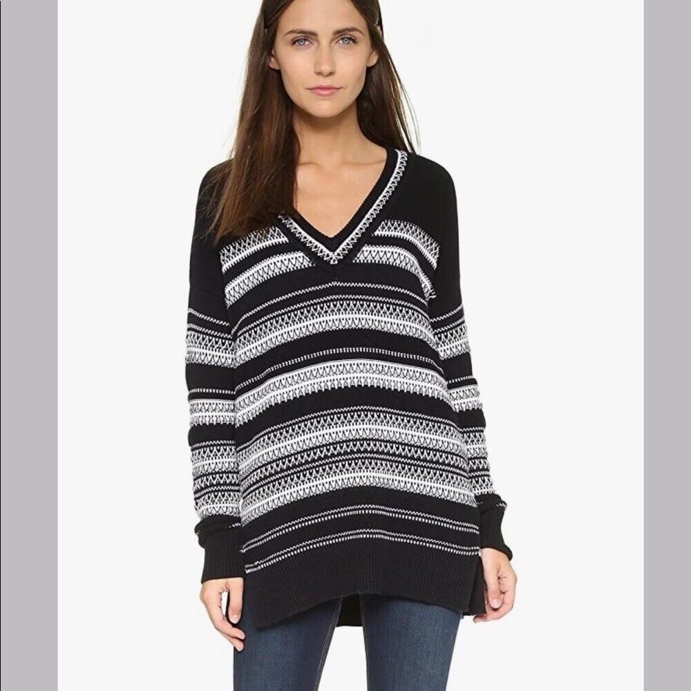 VINCE Oversized Textured Stripe V Neck Sweater